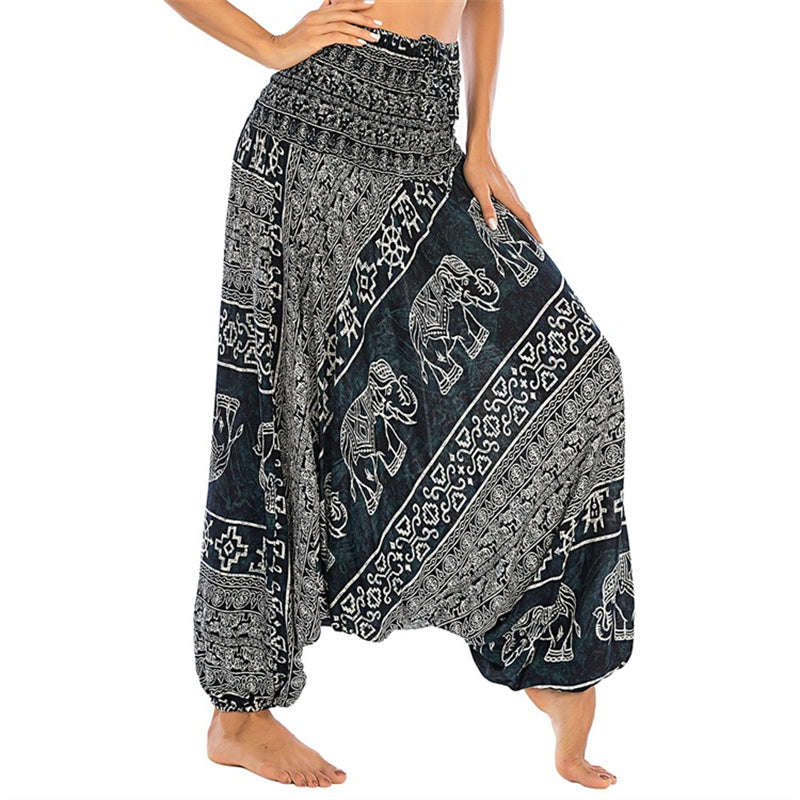 Buddha Stones Locker gesmokte Haremshose mit Elefantenmuster in zwei Stilen, Jumpsuit, Yogahose für Damen