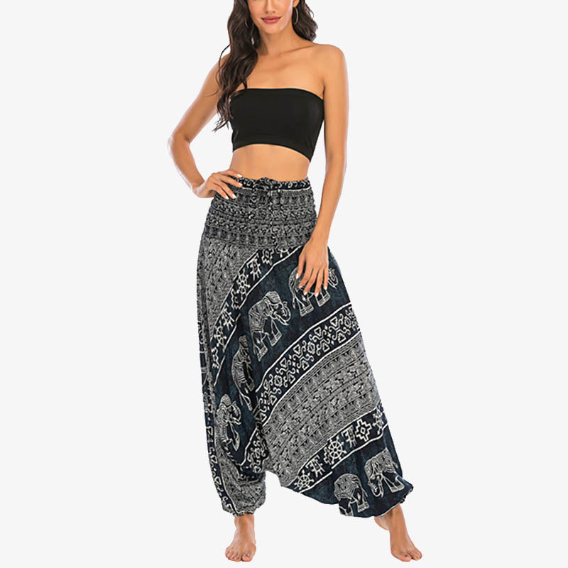 Buddha Stones Locker gesmokte Haremshose mit Elefantenmuster in zwei Stilen, Jumpsuit, Yogahose für Damen - image 22