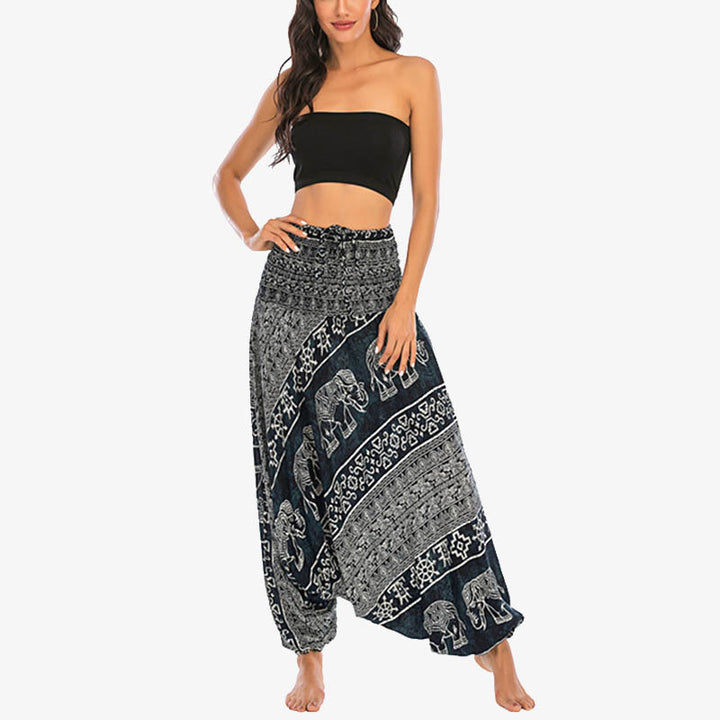 Buddha Stones Locker gesmokte Haremshose mit Elefantenmuster in zwei Stilen, Jumpsuit, Yogahose für Damen - image 22