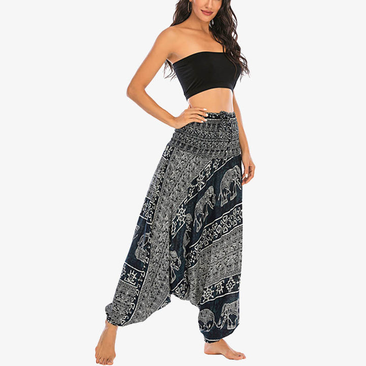 Buddha Stones Locker gesmokte Haremshose mit Elefantenmuster in zwei Stilen, Jumpsuit, Yogahose für Damen - image 24