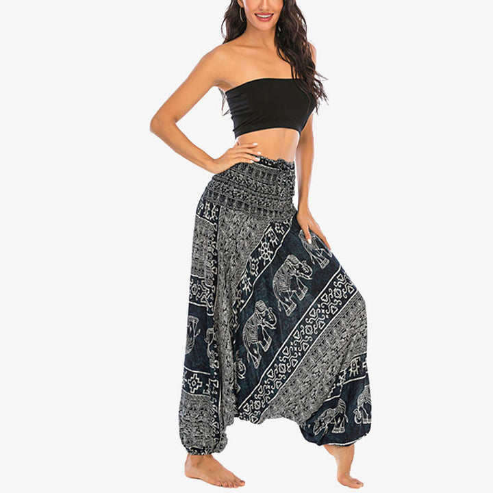 Buddha Stones Locker gesmokte Haremshose mit Elefantenmuster in zwei Stilen, Jumpsuit, Yogahose für Damen - image 23