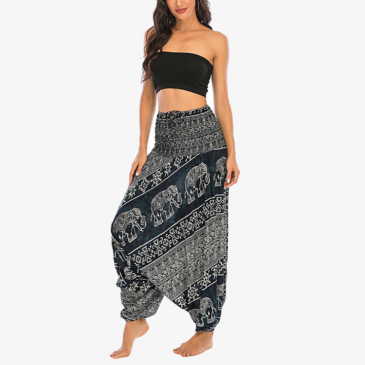 Buddha Stones Locker gesmokte Haremshose mit Elefantenmuster in zwei Stilen, Jumpsuit, Yogahose für Damen - image 26