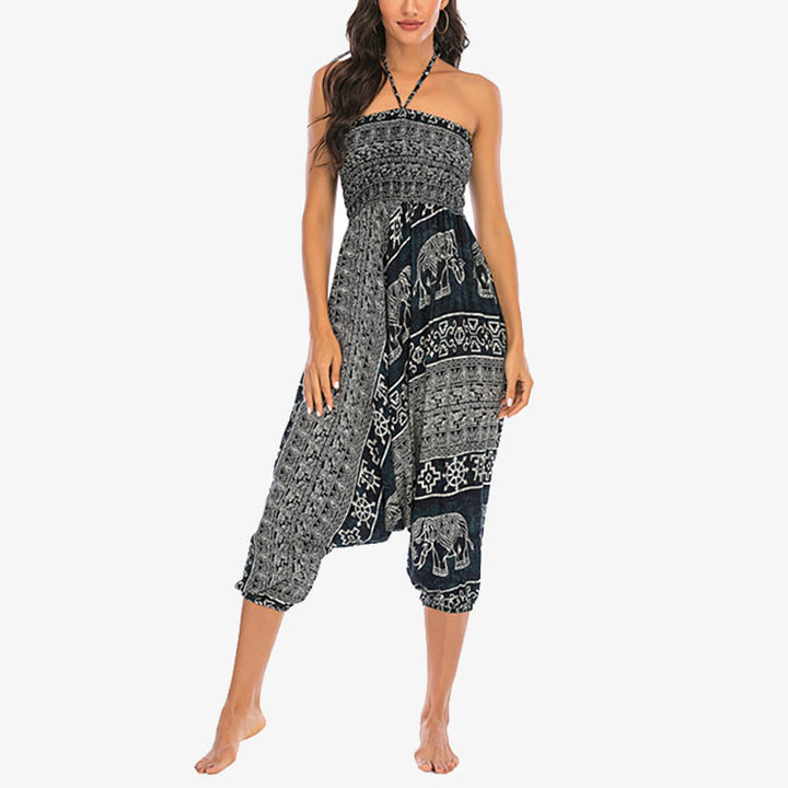 Buddha Stones Locker gesmokte Haremshose mit Elefantenmuster in zwei Stilen, Jumpsuit, Yogahose für Damen