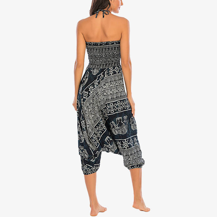 Buddha Stones Locker gesmokte Haremshose mit Elefantenmuster in zwei Stilen, Jumpsuit, Yogahose für Damen