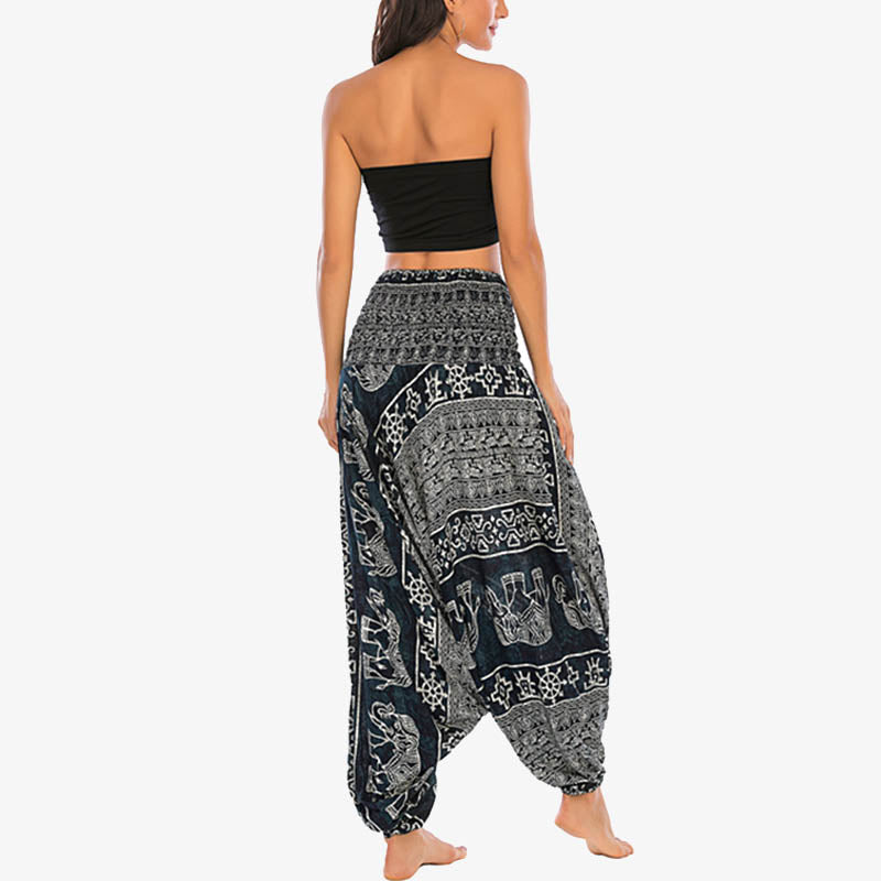 Buddha Stones Locker gesmokte Haremshose mit Elefantenmuster in zwei Stilen, Jumpsuit, Yogahose für Damen - image 25