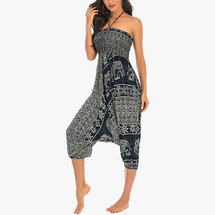 Buddha Stones Locker gesmokte Haremshose mit Elefantenmuster in zwei Stilen, Jumpsuit, Yogahose für Damen