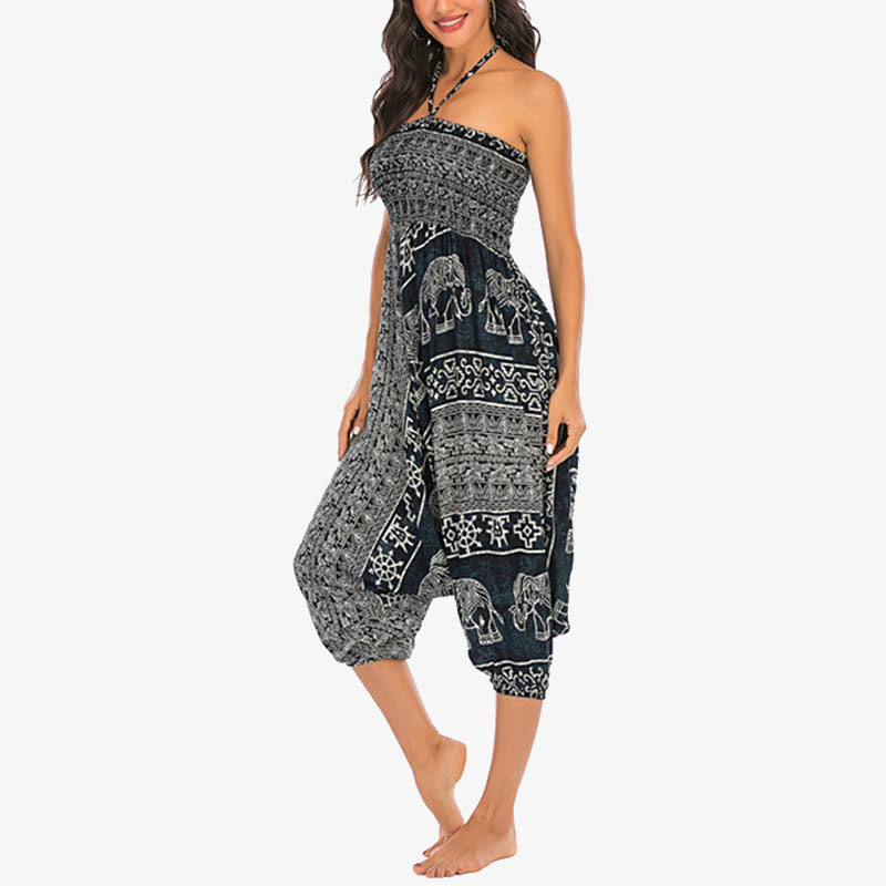 Buddha Stones Locker gesmokte Haremshose mit Elefantenmuster in zwei Stilen, Jumpsuit, Yogahose für Damen - image 29