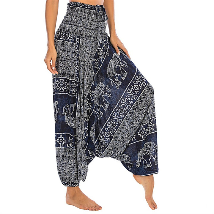 Buddha Stones Locker gesmokte Haremshose mit Elefantenmuster in zwei Stilen, Jumpsuit, Yogahose für Damen - Blauer Elefant - US2-12， UK/AU6-16，EU34-44 (F) - image 31