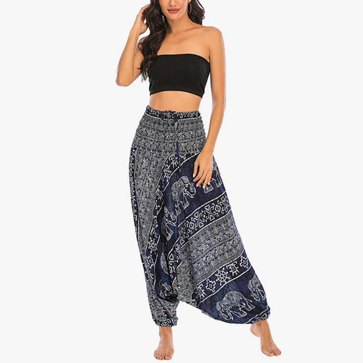 Buddha Stones Locker gesmokte Haremshose mit Elefantenmuster in zwei Stilen, Jumpsuit, Yogahose für Damen