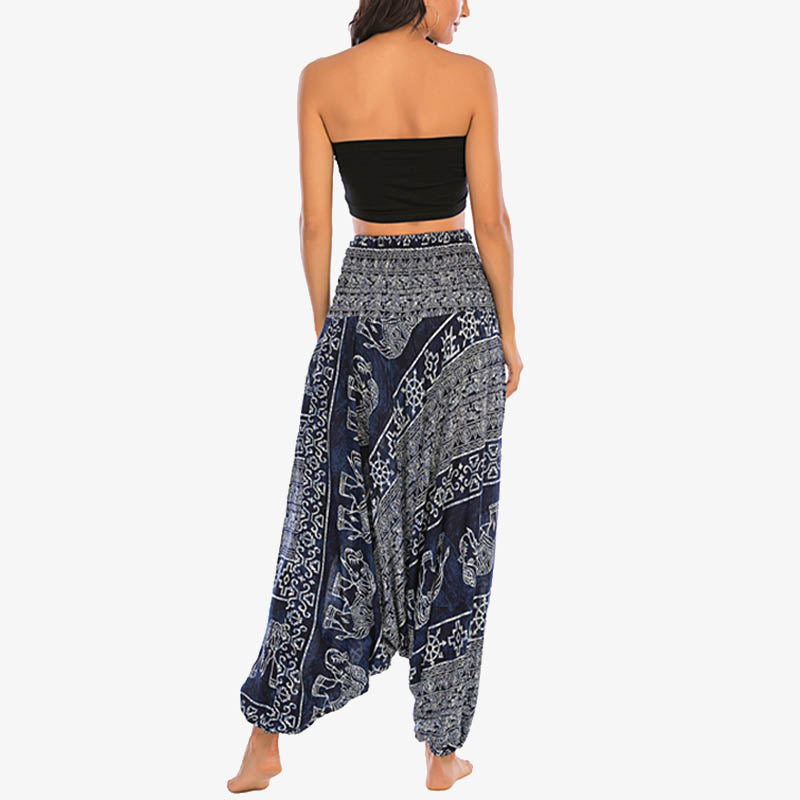 Buddha Stones Locker gesmokte Haremshose mit Elefantenmuster in zwei Stilen, Jumpsuit, Yogahose für Damen - image 35