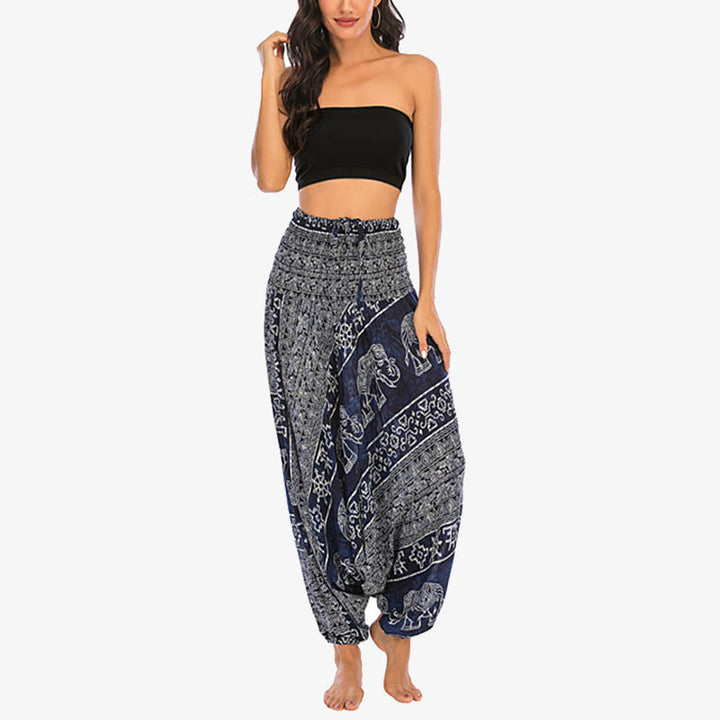 Buddha Stones Locker gesmokte Haremshose mit Elefantenmuster in zwei Stilen, Jumpsuit, Yogahose für Damen - image 36