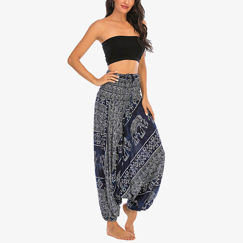 Buddha Stones Locker gesmokte Haremshose mit Elefantenmuster in zwei Stilen, Jumpsuit, Yogahose für Damen - image 33