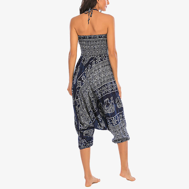 Buddha Stones Locker gesmokte Haremshose mit Elefantenmuster in zwei Stilen, Jumpsuit, Yogahose für Damen