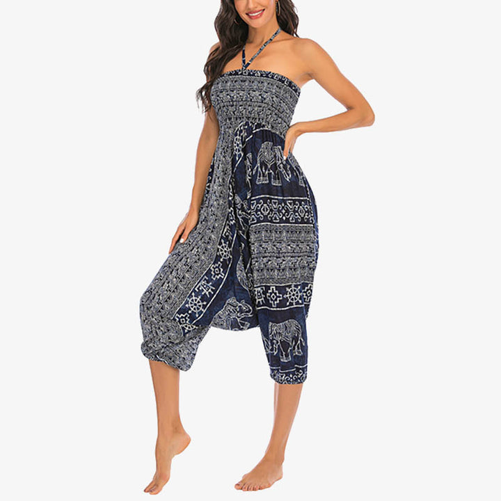 Buddha Stones Locker gesmokte Haremshose mit Elefantenmuster in zwei Stilen, Jumpsuit, Yogahose für Damen