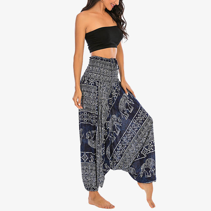 Buddha Stones Locker gesmokte Haremshose mit Elefantenmuster in zwei Stilen, Jumpsuit, Yogahose für Damen - image 34