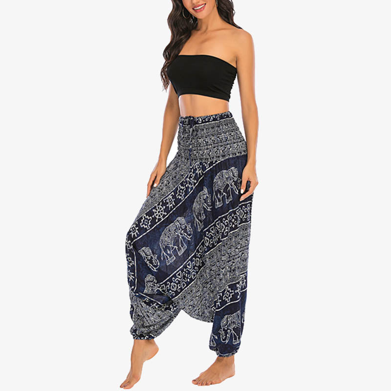 Buddha Stones Locker gesmokte Haremshose mit Elefantenmuster in zwei Stilen, Jumpsuit, Yogahose für Damen - image 37