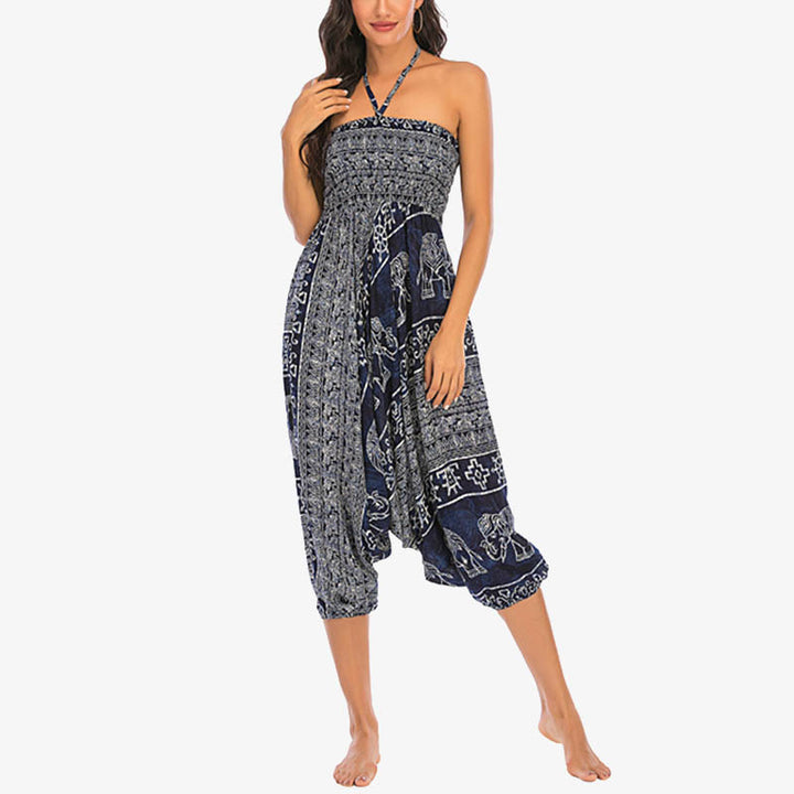 Buddha Stones Locker gesmokte Haremshose mit Elefantenmuster in zwei Stilen, Jumpsuit, Yogahose für Damen