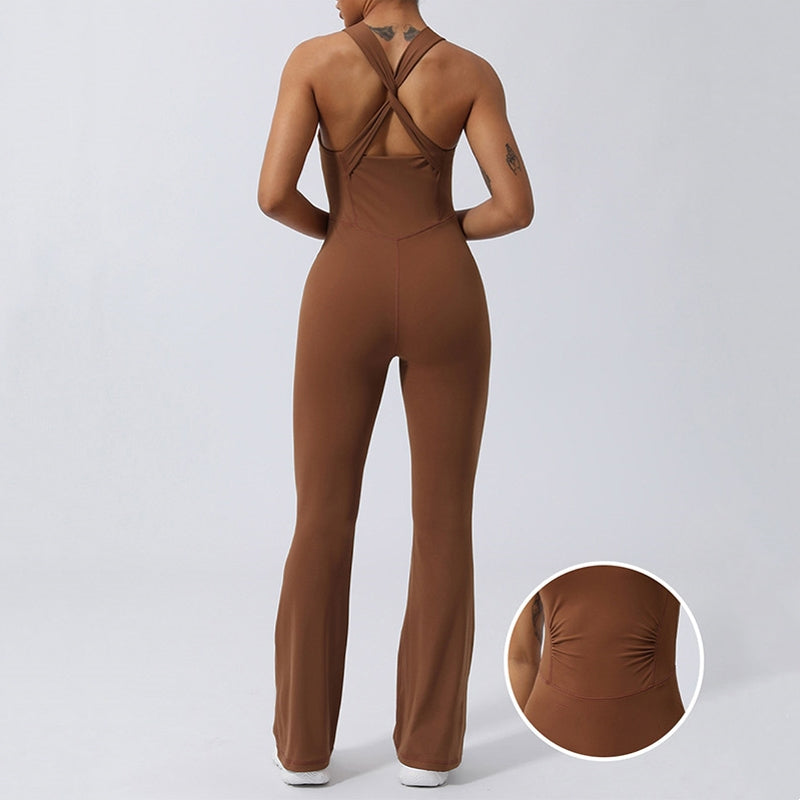 Buddha Stones Workout Crisscross Ärmelloser Flare-Overall für Damen, Sport, Fitness, Yoga, Bodysuit - Braun - US8-10， UK/AU12-14，EU40-42 (XL) - image 0