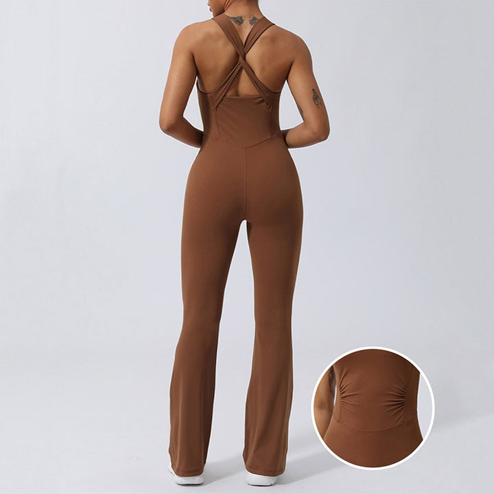 Buddha Stones Workout Crisscross Ärmelloser Flare-Overall für Damen, Sport, Fitness, Yoga, Bodysuit - Braun - US8-10， UK/AU12-14，EU40-42 (XL) - image 0