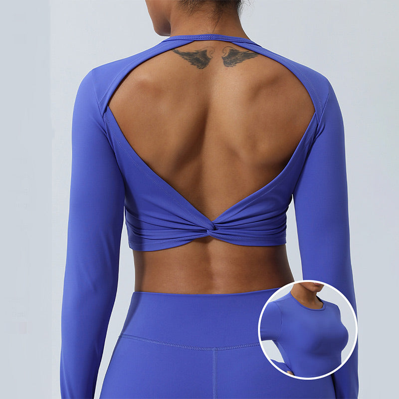 Buddha Stones Workout, langärmlig, kreuz und quer, rückenfreies Oberteil, T-Shirt, Leggings, Sport, Fitness, Yoga, Outfit - Spitze - Blau - US8-10， UK/AU12-14，EU40-42 (XL) - image 0