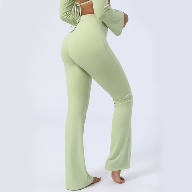 Buddha Stones, langärmliges, rückenfreies Trägeroberteil, BH, Flare-Hose, Fitness-Yoga-Outfit - Grün - Hose - US8-10， UK/AU12-14，EU40-42 (XL)  - image 0