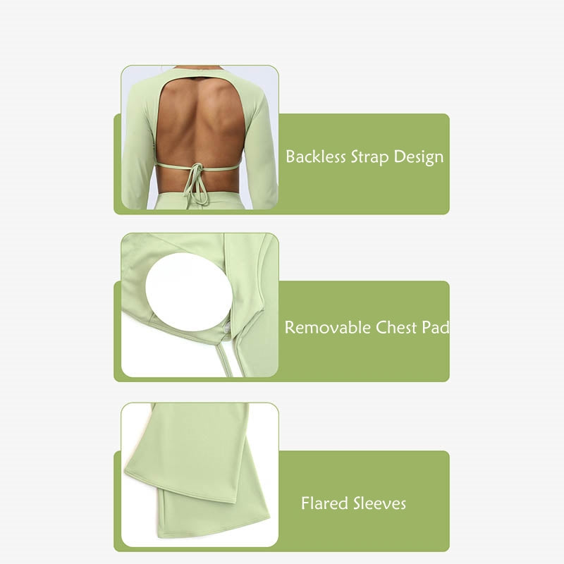 Buddha Stones, langärmliges, rückenfreies Trägeroberteil, BH, Flare-Hose, Fitness-Yoga-Outfit - image 15