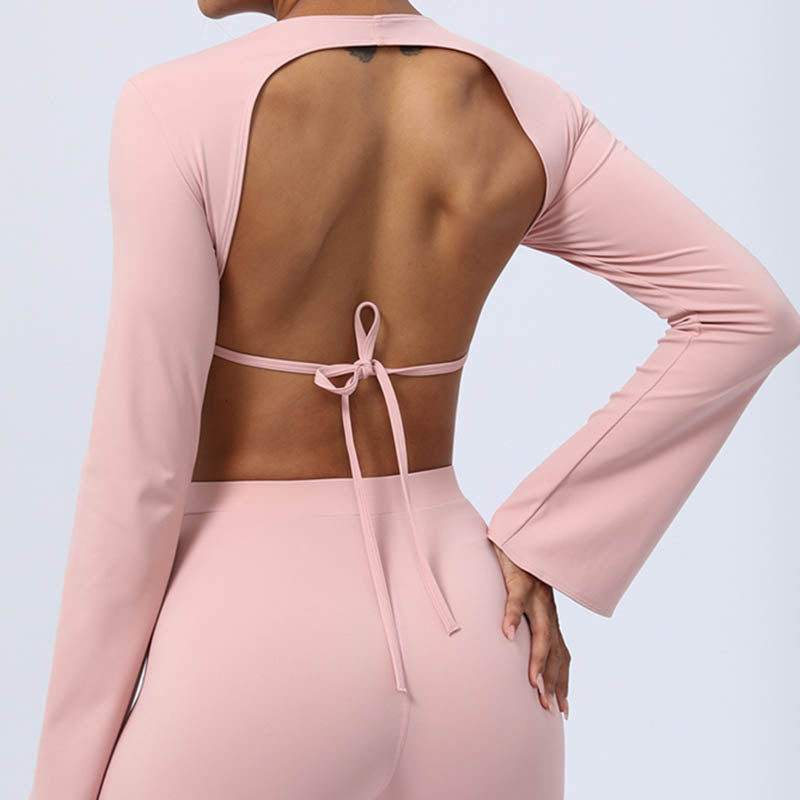 Buddha Stones, langärmliges, rückenfreies Trägeroberteil, BH, Flare-Hose, Fitness-Yoga-Outfit - image 39