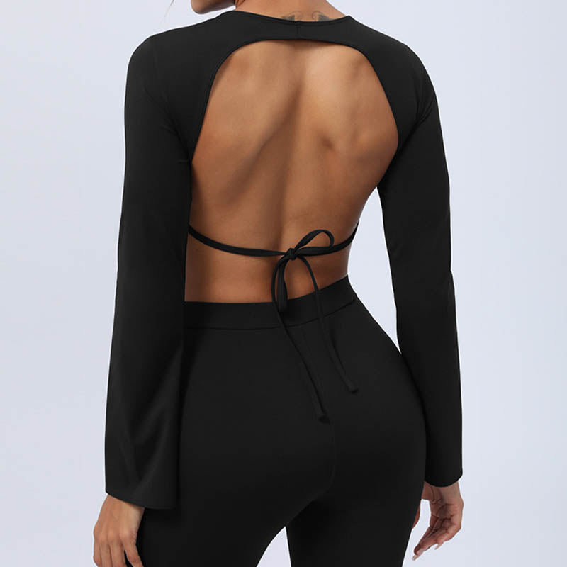 Buddha Stones, langärmliges, rückenfreies Trägeroberteil, BH, Flare-Hose, Fitness-Yoga-Outfit - image 47