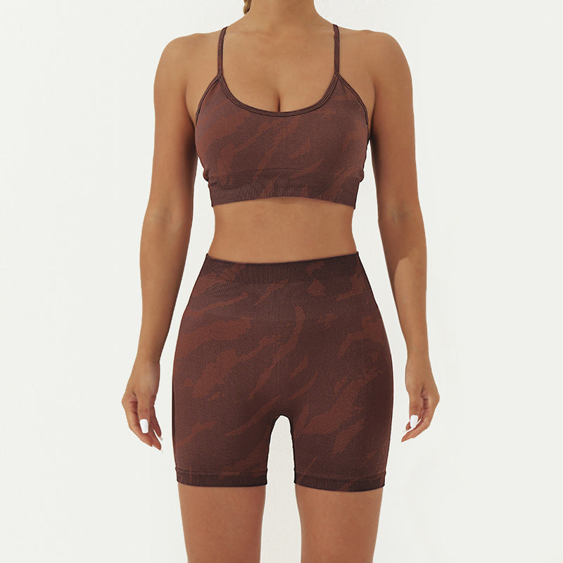 Buddha Stones 2-teiliges, rückenfreies, gekreuztes Trägeroberteil, BH-Shorts, Leggings, Hosen, Fitness-Yoga-Outfit-Set, 2-teiliges Set - Braun - 2 Stück (Oberteil und Shorts) - US8-10， UK/AU12-14，EU40-42 (L) - image 8