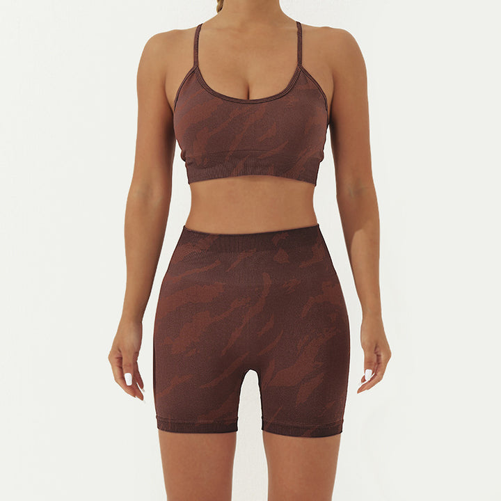 Buddha Stones 2-teiliges, rückenfreies, gekreuztes Trägeroberteil, BH-Shorts, Leggings, Hosen, Fitness-Yoga-Outfit-Set, 2-teiliges Set - Braun - 2 Stück (Oberteil und Shorts) - US8-10， UK/AU12-14，EU40-42 (L) - image 8