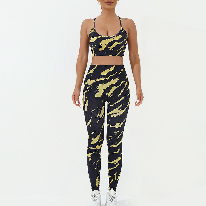 Buddha Stones 2-teiliges, rückenfreies, gekreuztes Trägeroberteil, BH-Shorts, Leggings, Hosen, Fitness-Yoga-Outfit-Set, 2-teiliges Set - Gelb Schwarz - 2 Stück (Oberteil und Hose) - US8-10， UK/AU12-14，EU40-42 (L) - image 3