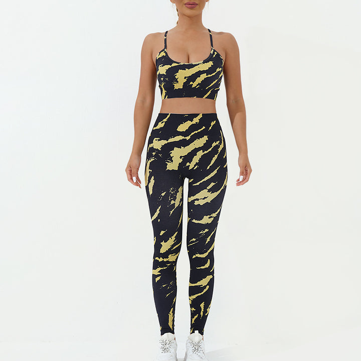 Buddha Stones 2-teiliges, rückenfreies, gekreuztes Trägeroberteil, BH-Shorts, Leggings, Hosen, Fitness-Yoga-Outfit-Set, 2-teiliges Set - Gelb Schwarz - 2 Stück (Oberteil und Hose) - US8-10， UK/AU12-14，EU40-42 (L) - image 3