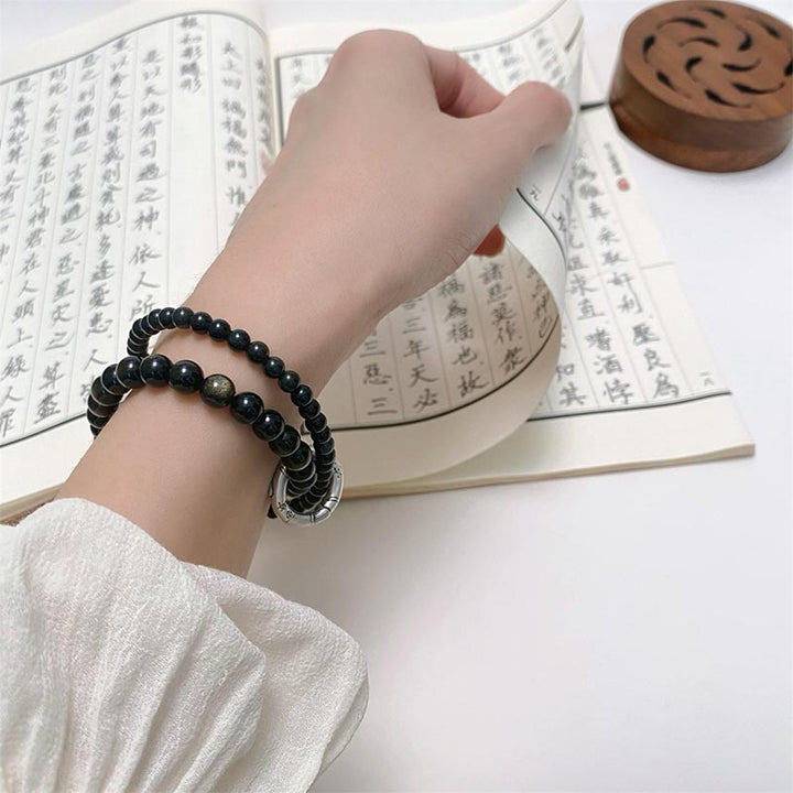 Buddha Stones Armband aus 999er-Sterlingsilber mit schwarzem Obsidian Fulfillment Strength, doppellagig - image 7