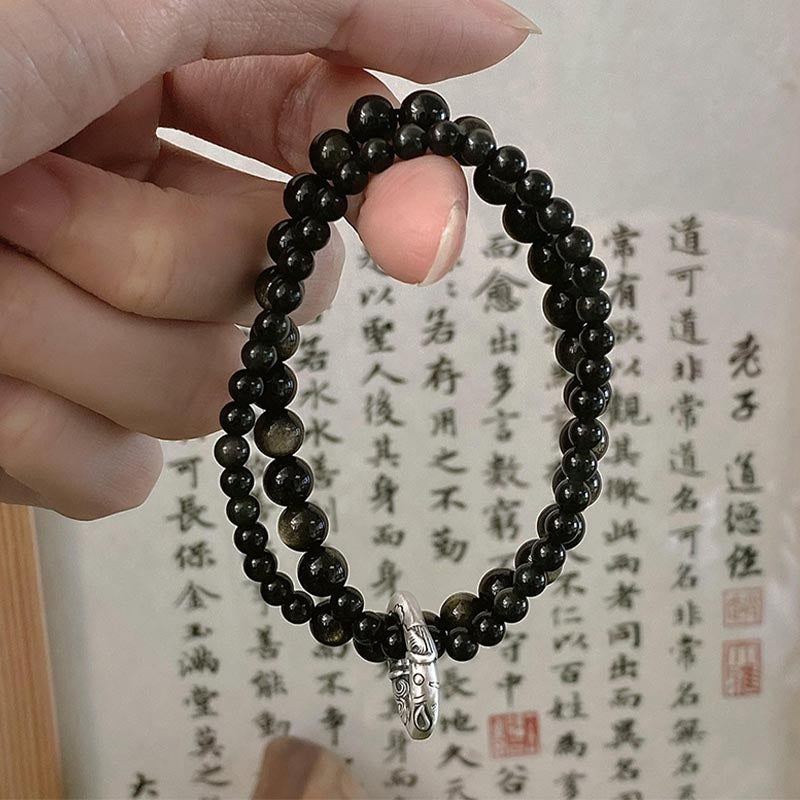 Buddha Stones Armband aus 999er-Sterlingsilber mit schwarzem Obsidian Fulfillment Strength, doppellagig - image 8