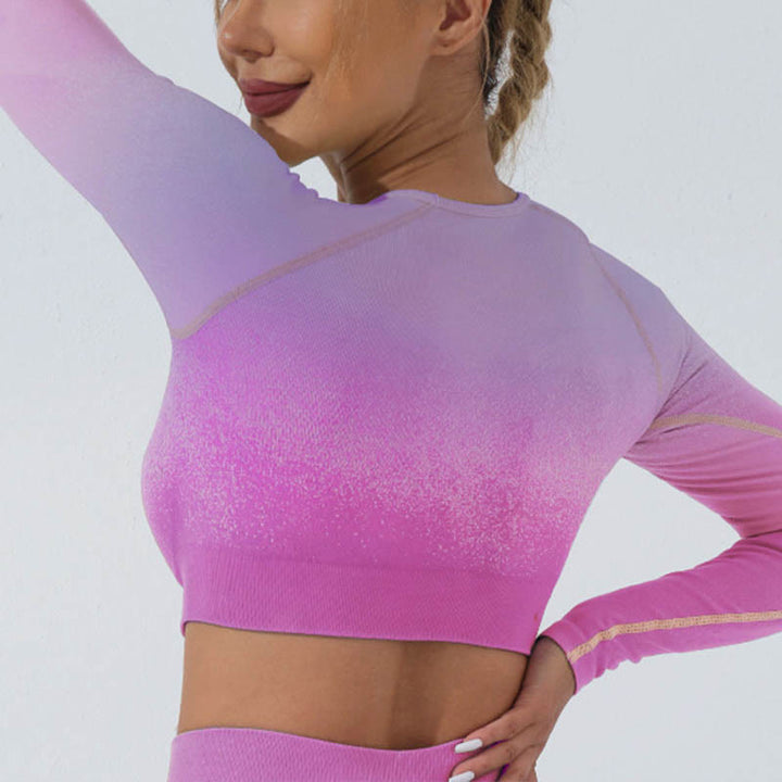 Buddha Stones Farbverlauf Langarm Crop Top T-Shirt BH Leggings Hose Fitness Yoga Outfit - Spitze - Lila-Rosa - US4, UK/AU8, EU36 (L) - image 10