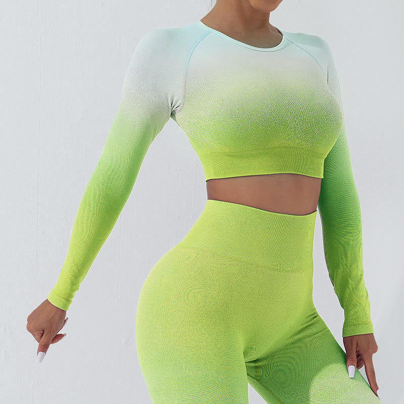 Buddha Stones Farbverlauf Langarm Crop Top T-Shirt BH Leggings Hose Fitness Yoga Outfit - Spitze - Grün - US4， UK/AU8，EU36 (L) - image 11