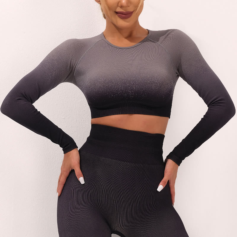 Buddha Stones Farbverlauf Langarm Crop Top T-Shirt BH Leggings Hose Fitness Yoga Outfit - Spitze - Schwarz Grau - US4， UK/AU8，EU36 (L) - image 3