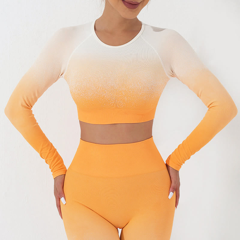 Buddha Stones Farbverlauf Langarm Crop Top T-Shirt BH Leggings Hose Fitness Yoga Outfit - Spitze - Orange Weiß - US4， UK/AU8，EU36 (L) - image 4