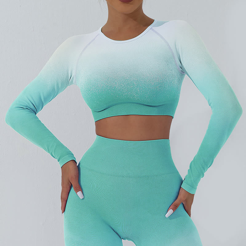 Buddha Stones Farbverlauf Langarm Crop Top T-Shirt BH Leggings Hose Fitness Yoga Outfit - Spitze - Cyanweiß - US4， UK/AU8，EU36 (L) - image 1