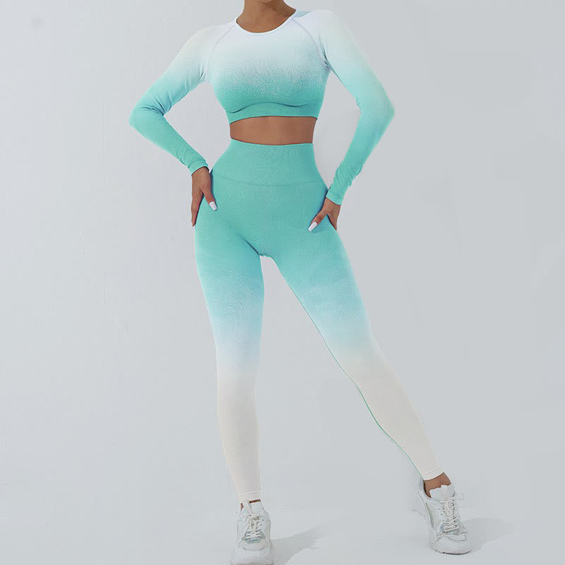 Buddha Stones Farbverlauf Langarm Crop Top T-Shirt BH Leggings Hose Fitness Yoga Outfit - image 0
