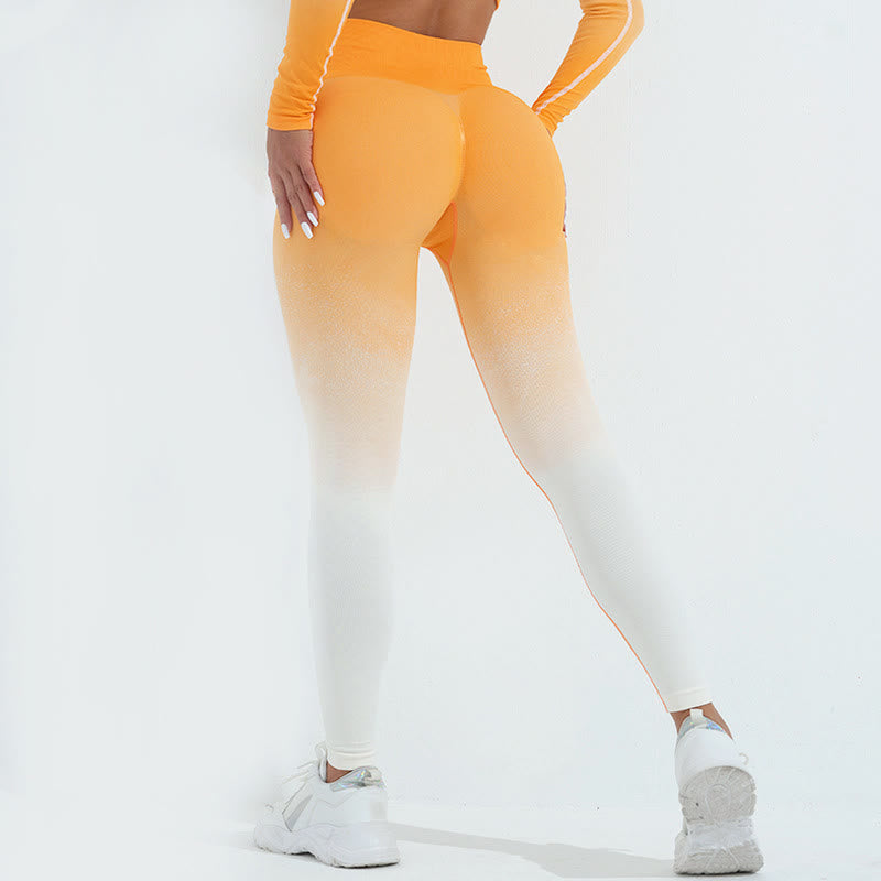 Buddha Stones Farbverlauf Langarm Crop Top T-Shirt BH Leggings Hose Fitness Yoga Outfit - Hose - Orange Weiß - US4， UK/AU8，EU36 (L) - image 21
