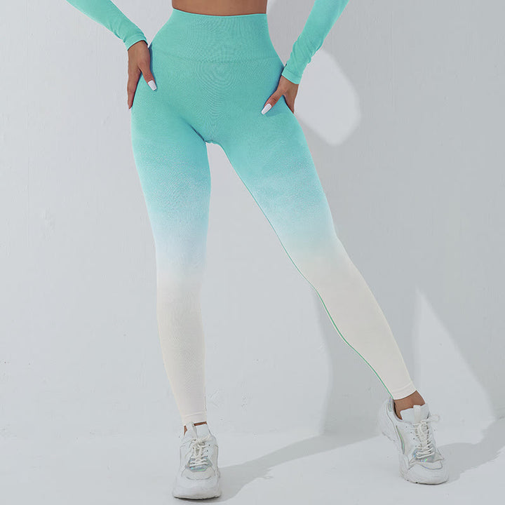 Buddha Stones Farbverlauf Langarm Crop Top T-Shirt BH Leggings Hose Fitness Yoga Outfit - image 13