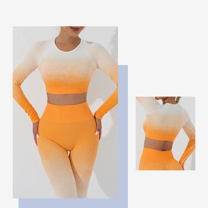 Buddha Stones Farbverlauf Langarm Crop Top T-Shirt BH Leggings Hose Fitness Yoga Outfit - image 30