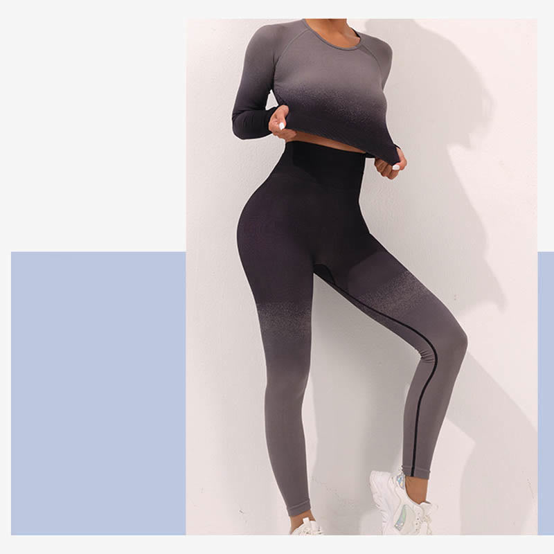 Buddha Stones Farbverlauf Langarm Crop Top T-Shirt BH Leggings Hose Fitness Yoga Outfit - image 18