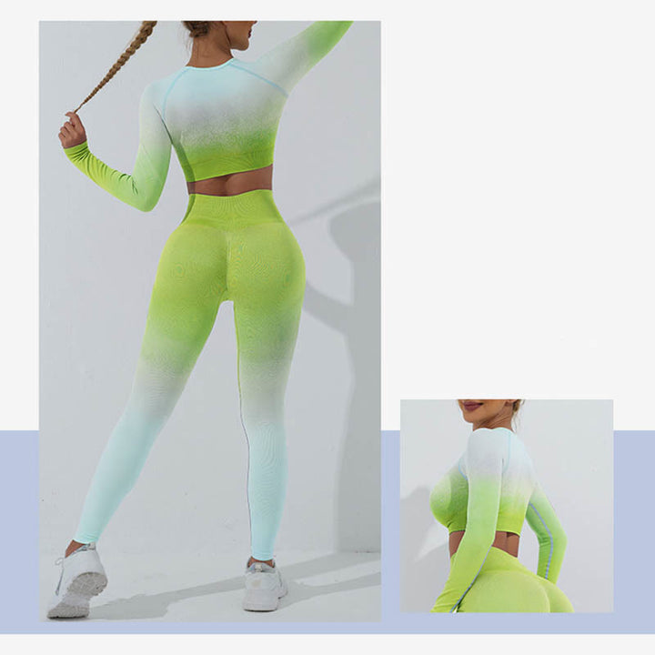 Buddha Stones Farbverlauf Langarm Crop Top T-Shirt BH Leggings Hose Fitness Yoga Outfit - image 40