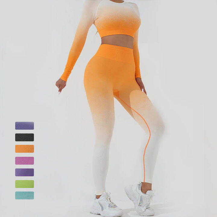 Buddha Stones Farbverlauf Langarm Crop Top T-Shirt BH Leggings Hose Fitness Yoga Outfit - image 28