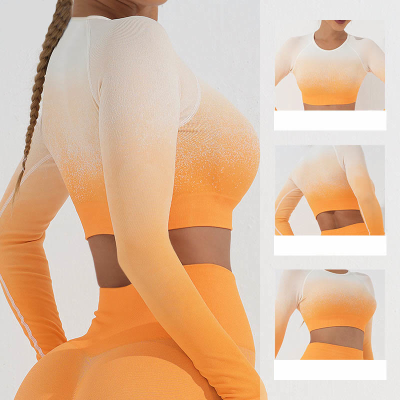 Buddha Stones Farbverlauf Langarm Crop Top T-Shirt BH Leggings Hose Fitness Yoga Outfit - image 9