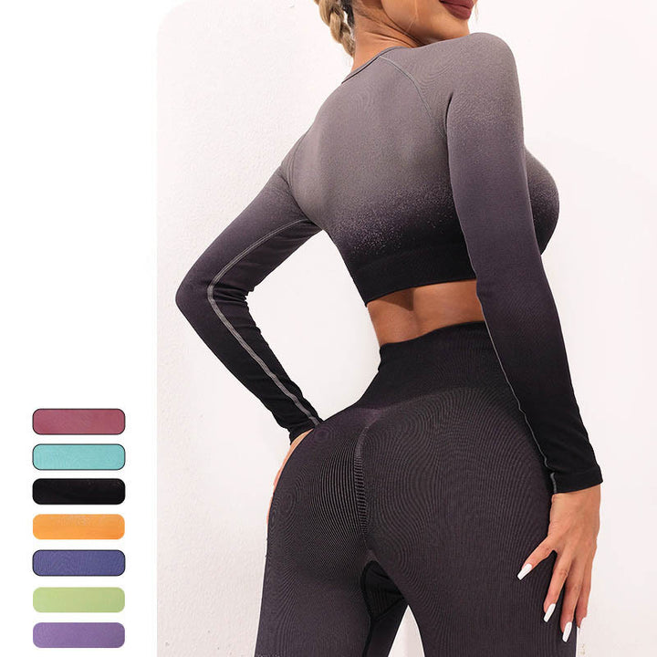 Buddha Stones Farbverlauf Langarm Crop Top T-Shirt BH Leggings Hose Fitness Yoga Outfit - image 19