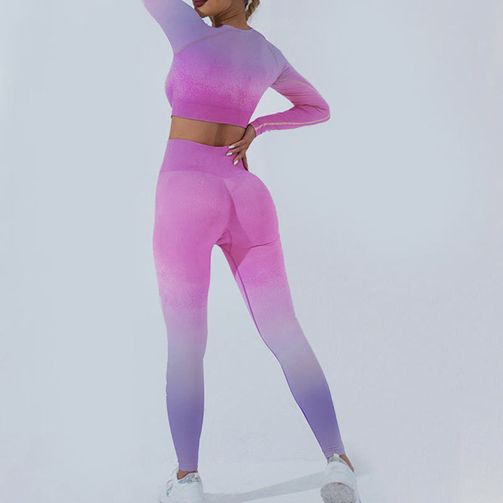 Buddha Stones Farbverlauf Langarm Crop Top T-Shirt BH Leggings Hose Fitness Yoga Outfit - image 33