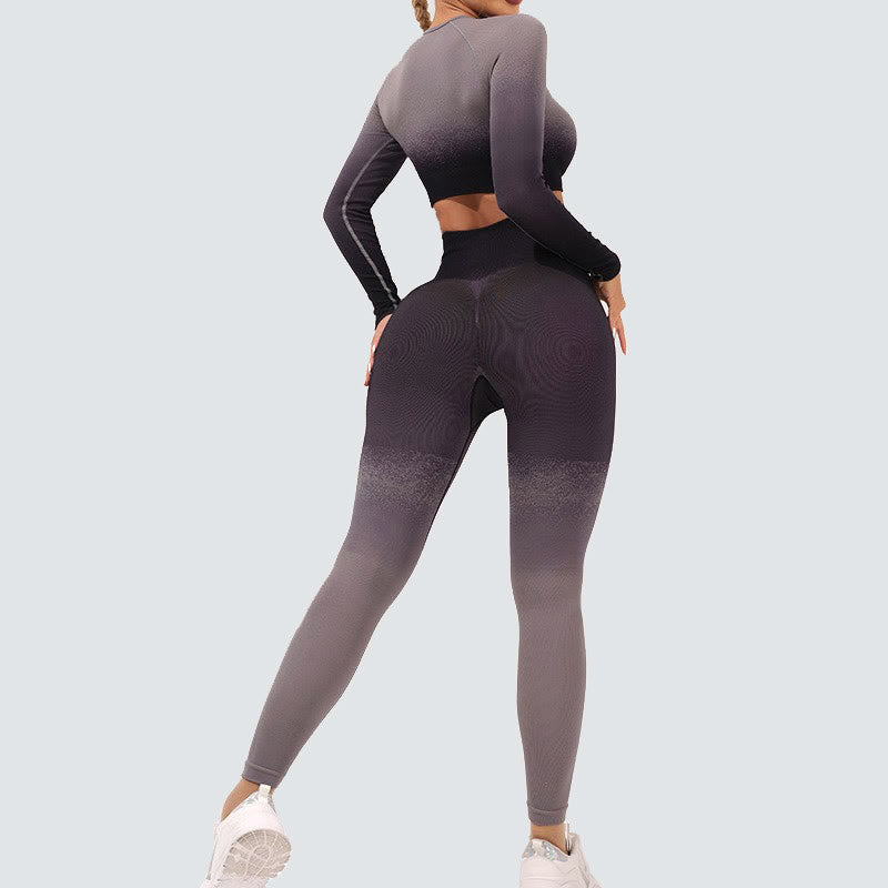 Buddha Stones Farbverlauf Langarm Crop Top T-Shirt BH Leggings Hose Fitness Yoga Outfit - image 20
